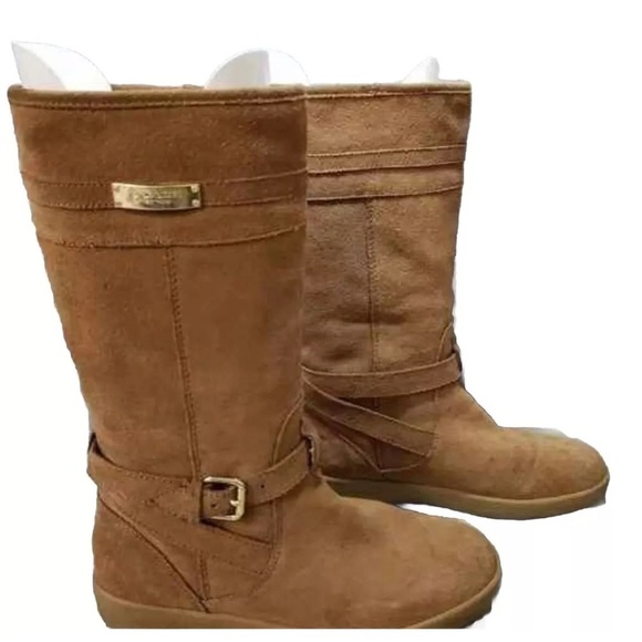 COACH "TALLULAH" TAN SUEDE & FAUX SHEARLING LINED EQUESTRIAN BOOTS SIZE 9 - Picture 3 of 4